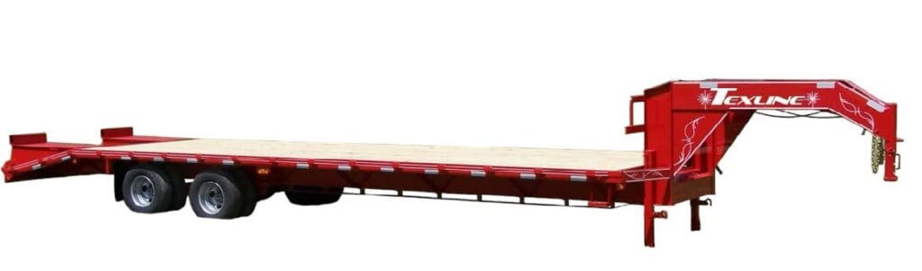 Texline Trailers | Trailer Manufacturer Discover Texline's expertise as a top Trailer Manufacturer with this high-quality red flatbed trailer. Featuring dual axles and a gooseneck hitch, it's among the best Trailers for Sale. | Trailers for Sale