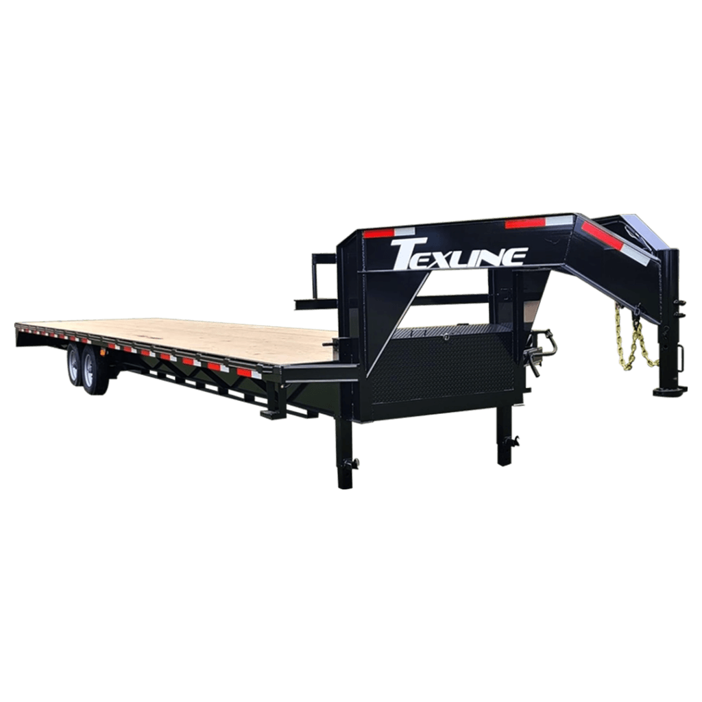 Texline Trailers | Trailer Manufacturer High-quality flatbed gooseneck trailer with dual axles and metal frame by Texline, a leading Trailer Manufacturer. This model features durable wood decking and prominent rear lights. Explore our range of Trailers for Sale today!. | Trailers for Sale