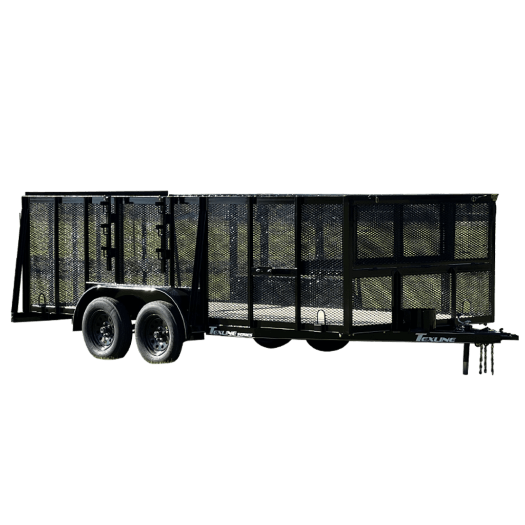 Texline Trailers | Trailer Manufacturer Discover high-quality trailers from Texline, a leading Trailer Manufacturer. Explore our Trailers for Sale, featuring this black utility trailer with dual axles and sturdy metal mesh sides. | Trailers for Sale