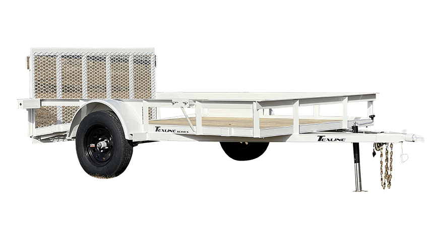 Texline Trailers | Trailer Manufacturer Texline, a leading Trailer Manufacturer, showcases their high-quality utility trailer for sale. This white trailer features a single black wheel, sturdy metal mesh front, and durable wooden bed, all set against a lush grassy backdrop. | Trailers for Sale