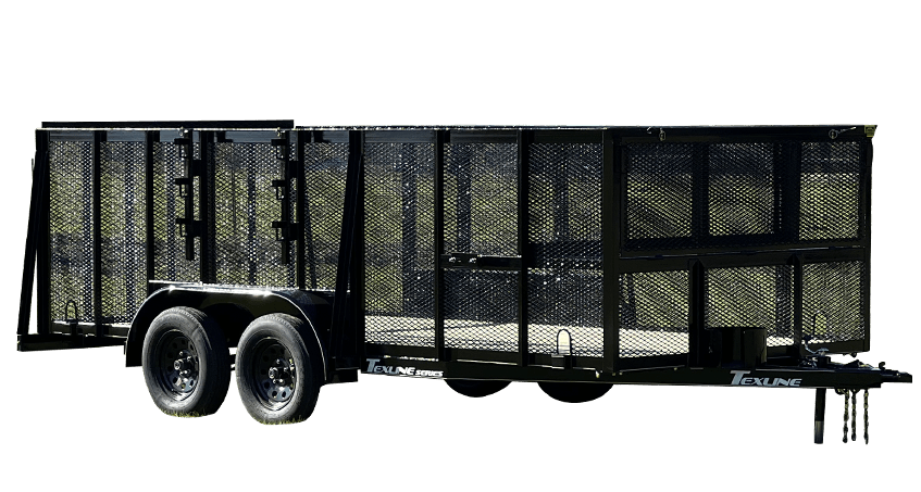 Texline Trailers | Trailer Manufacturer High-quality black utility trailer with dual axles, side rails, and rear ramp door by Texline - Leading Trailer Manufacturer. Explore our Trailers for Sale today. | Trailers for Sale