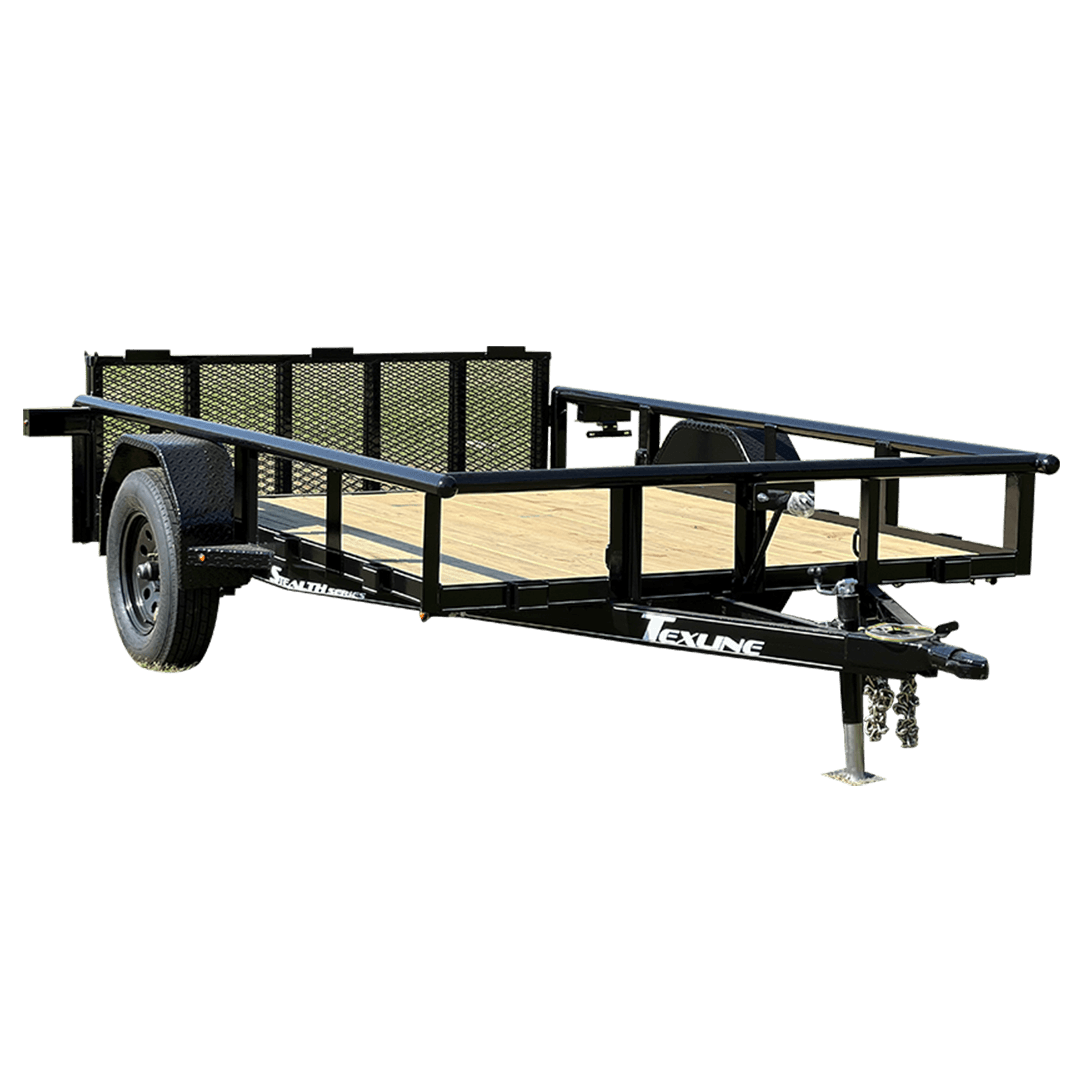 Texline Trailers | Trailer Manufacturer High-quality black utility trailer with a wooden bed, single axle, and metal mesh sides from Texline—your expert Trailer Manufacturer. Explore our Trailers for Sale today!. | Trailers for Sale