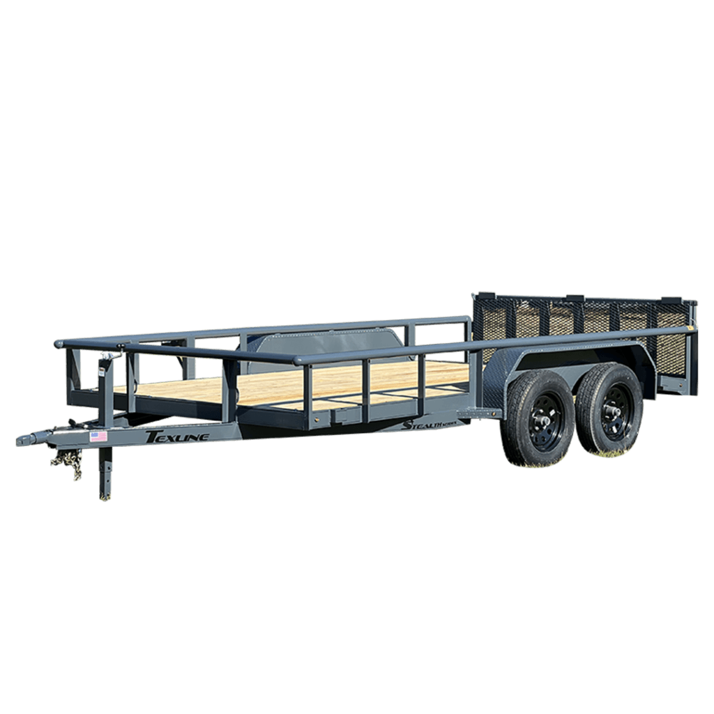 Texline Trailers | Trailer Manufacturer Discover high-quality trailers from leading Trailer Manufacturer, Texline. This flatbed utility trailer boasts dual axles, side rails, a sturdy wooden deck, and a mesh ramp gate. Explore our Trailers for Sale today!. | Trailers for Sale
