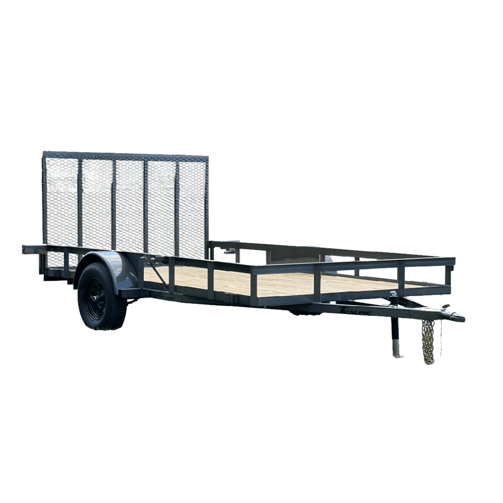 Texline Trailers | Trailer Manufacturer Discover high-quality trailers from Texline, the expert Trailer Manufacturer. This flatbed utility trailer features a sturdy black metal frame, single axle, and mesh ramp gate at the rear. Explore our Trailers for Sale today. | Trailers for Sale