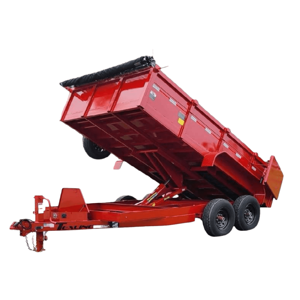 Texline Trailers | Trailer Manufacturer High-quality red dump trailer featuring a raised bed, dual axles, black tarp, and hitch. Trusted Trailer Manufacturer Texline offers top-notch Trailers for Sale. | Trailers for Sale