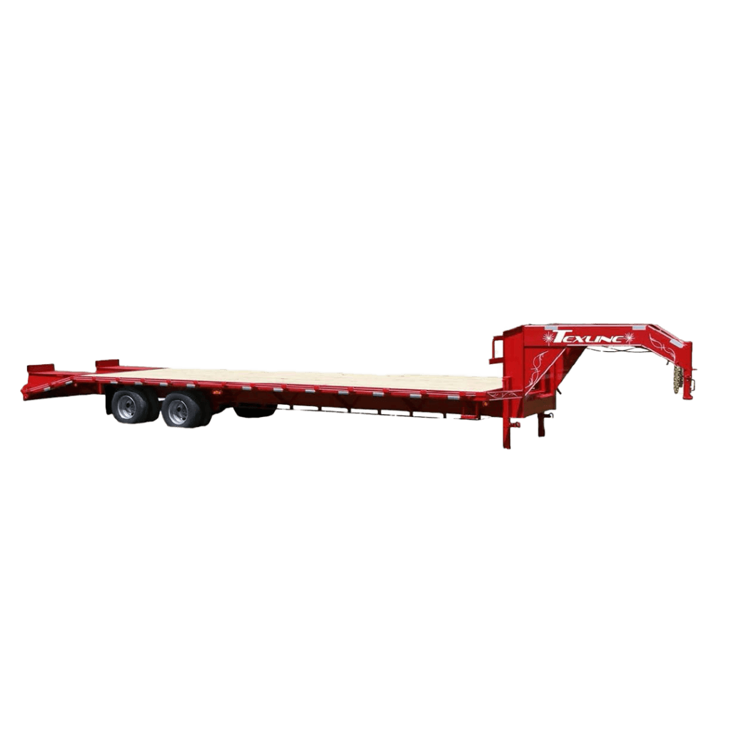 Texline Trailers | Trailer Manufacturer Discover Texline's expertise as a leading Trailer Manufacturer with our high-quality red flatbed gooseneck trailer. This two-axle model features a sturdy wooden deck, perfect for heavy-duty transport. Explore our Trailers for Sale now!. | Trailers for Sale