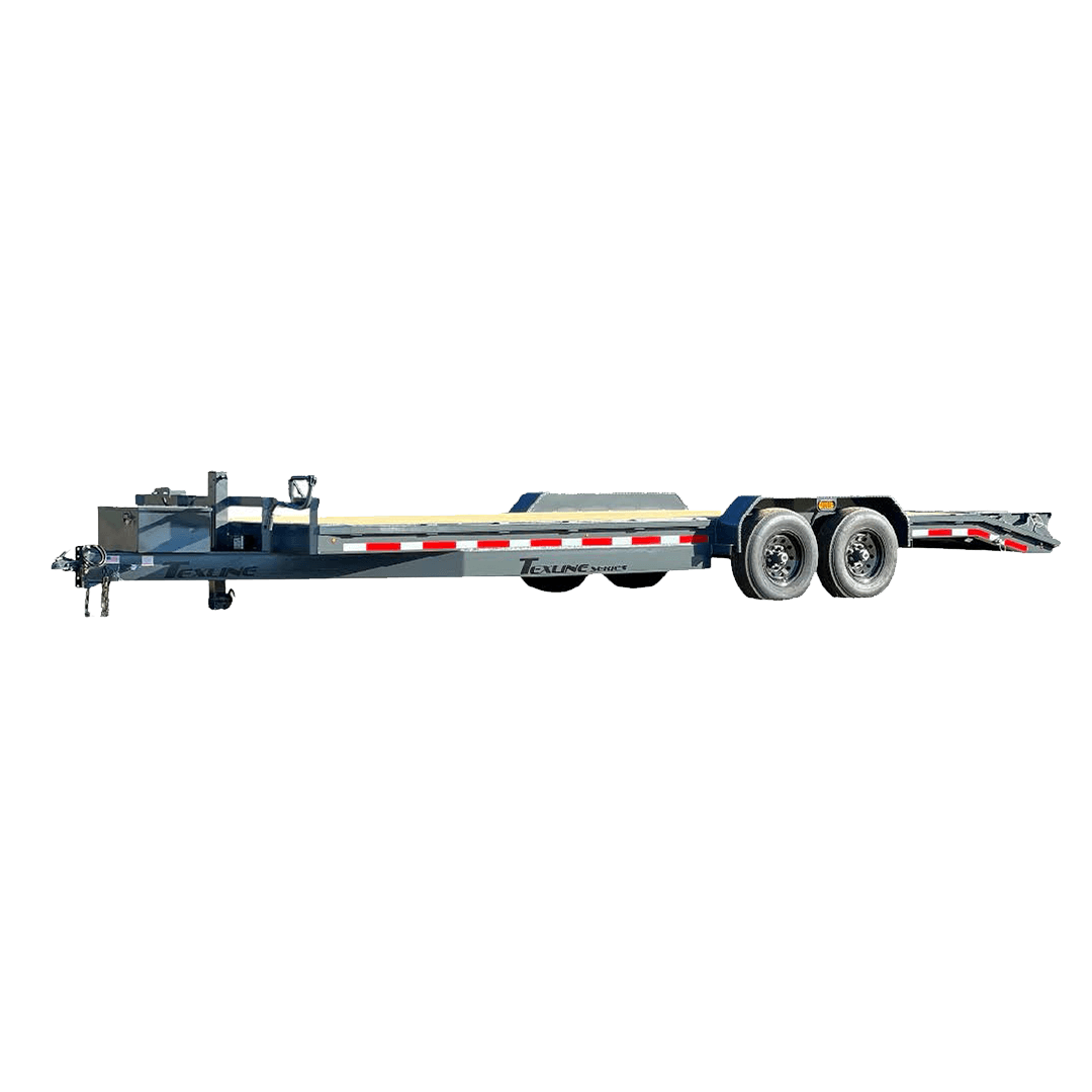 Texline Trailers | Trailer Manufacturer A side view of a high-quality flatbed trailer with dual axles and red and white reflective markings. Discover Texline's expertise as a leading Trailer Manufacturer with our top-tier Trailers for Sale. | Trailers for Sale