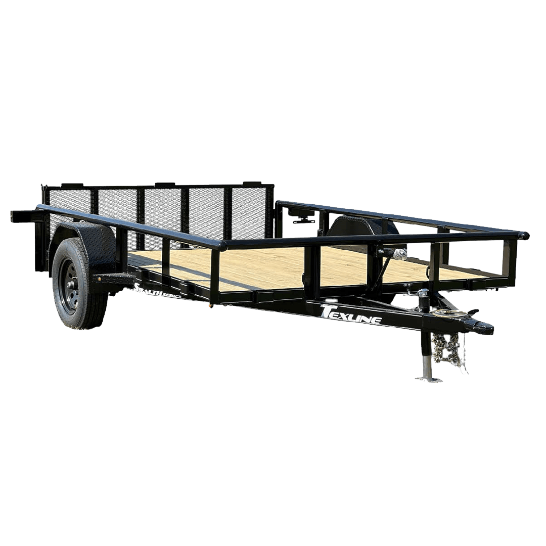 Texline Trailers | Trailer Manufacturer Discover high-quality trailers from Texline, an expert Trailer Manufacturer. This black flatbed utility trailer showcases a wooden deck and mesh gate, complete with a single axle and hitch. Explore our Trailers for Sale today. | Trailers for Sale