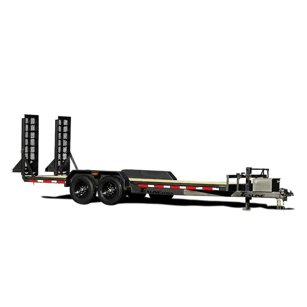 Texline Trailers | Trailer Manufacturer High-quality flatbed trailer featuring dual axles, metal ramps, and a front hitch. This expertly crafted design by Texline Trailer Manufacturer is enhanced with red and white reflective markings for better visibility. Explore our range of top-notch Trailers for Sale today!. | Trailers for Sale