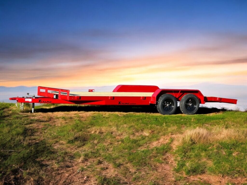 Texline Trailers | Trailer Manufacturer High-quality red dual-axle flatbed trailer by expert Trailer Manufacturer Texline, showcased on grass with a stunning sunset backdrop. Discover our Trailers for Sale today. | Trailers for Sale