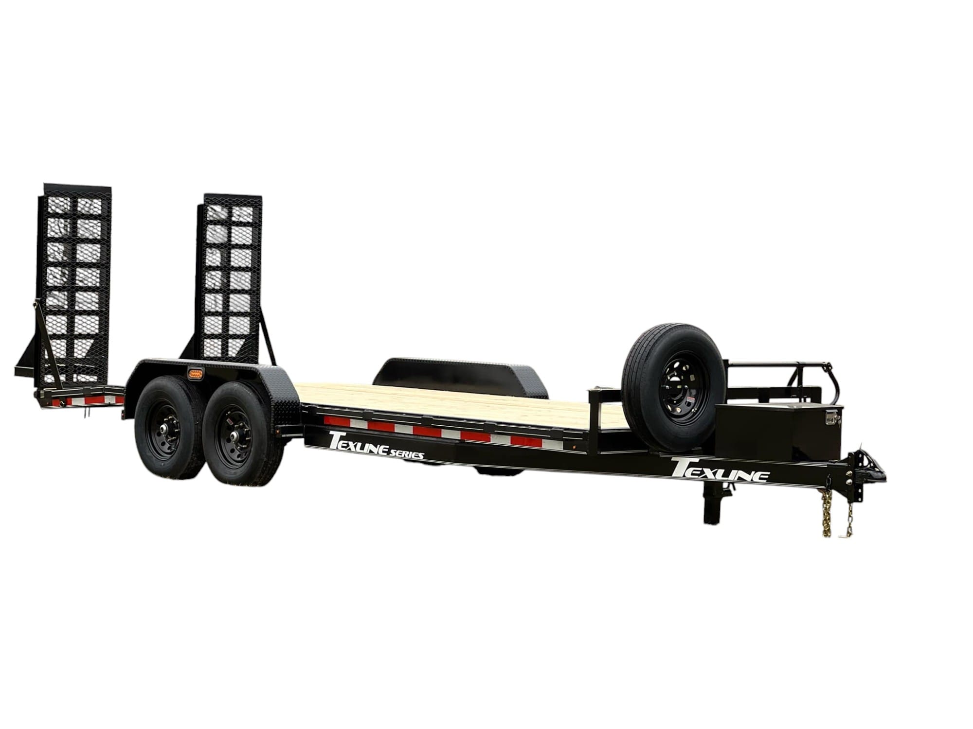 Texline Trailers | Trailer Manufacturer High-quality flatbed trailer with dual axles, wooden deck, and black metal frame featuring convenient loading ramps. This Texline Trailer Manufacturer's Bumper Pull model comes equipped with a side-mounted spare tire, ideal for hauling heavy equipment like a Bobcat. Explore Texline's expertise and top-notch Trailers for Sale today. | Trailers for Sale