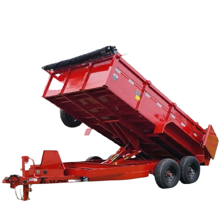 Texline Trailers | Trailer Manufacturer Discover Texline's expertise as a premier Trailer Manufacturer with the striking red Dump Series trailer. This high-quality trailer features a raised bed, dual axles, robust tires, and a black cover. Equipped with a hitch and hydraulic system for effortless material transport. Explore top-notch Trailers for Sale at Texline today!. | Trailers for Sale