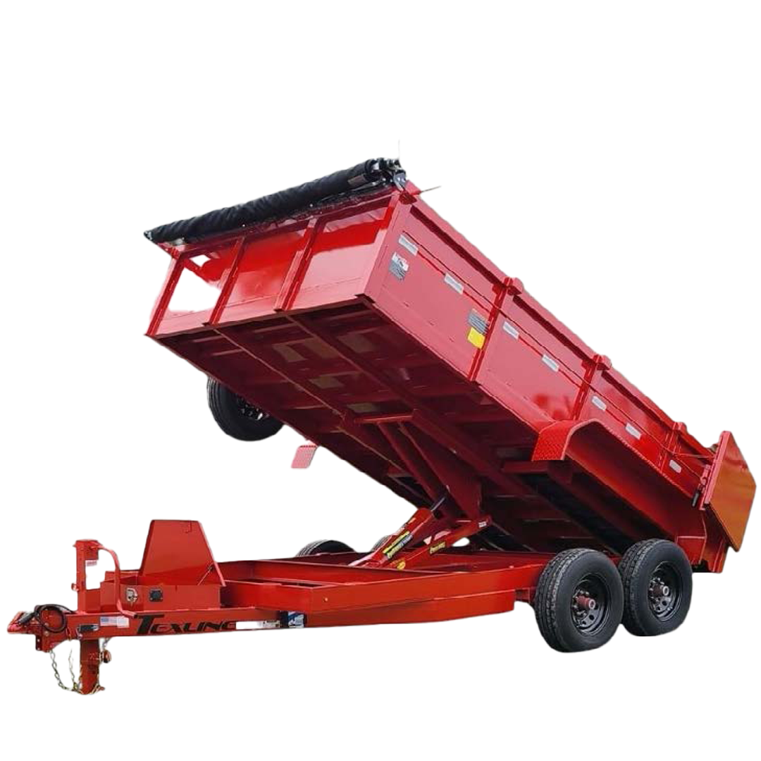 Texline Trailers | Trailer Manufacturer Discover Texline's expertise as a premier Trailer Manufacturer with the striking red Dump Series trailer. This high-quality trailer features a raised bed, dual axles, robust tires, and a black cover. Equipped with a hitch and hydraulic system for effortless material transport. Explore top-notch Trailers for Sale at Texline today!. | Trailers for Sale