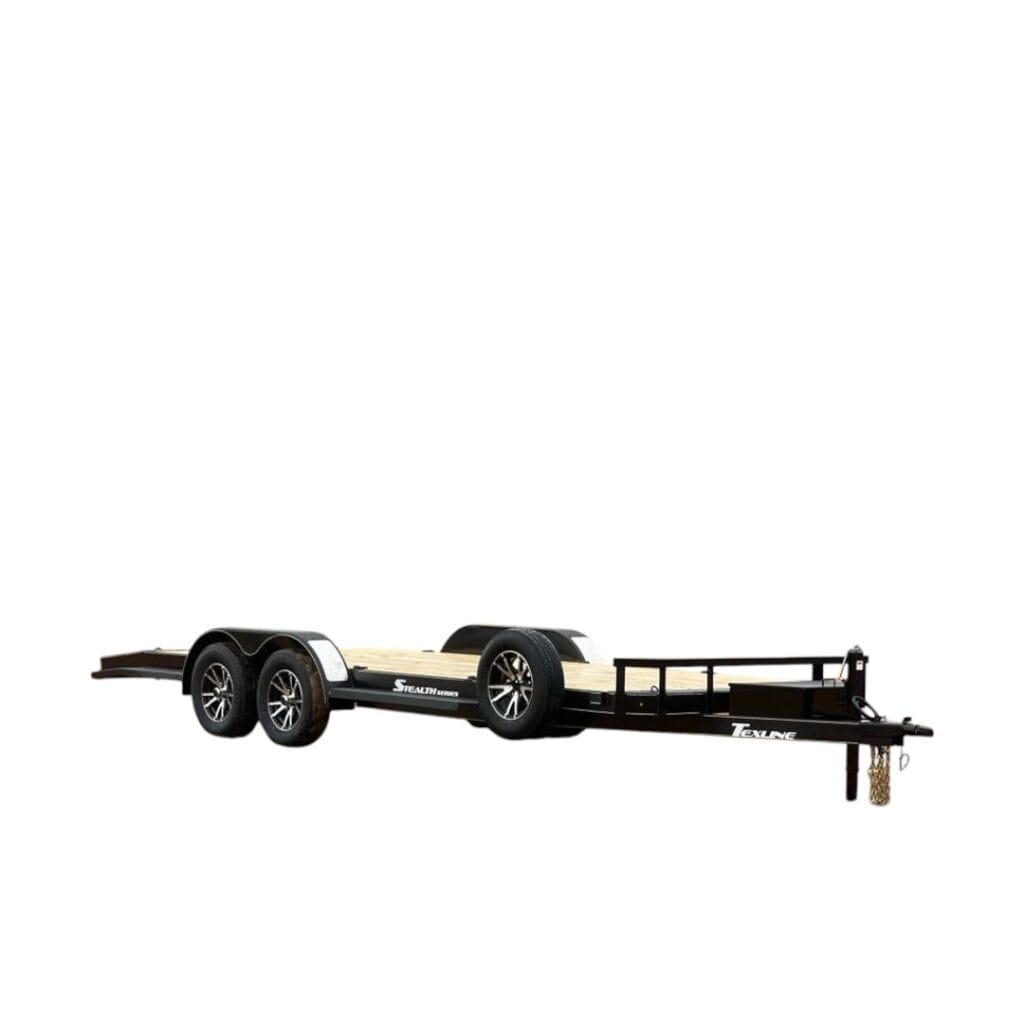 Texline Trailers | Trailer Manufacturer High-quality flatbed car trailer with dual axles and black frame on a white background, crafted by expert Trailer Manufacturer Texline. Discover our Trailers for Sale for durability and performance. | Trailers for Sale