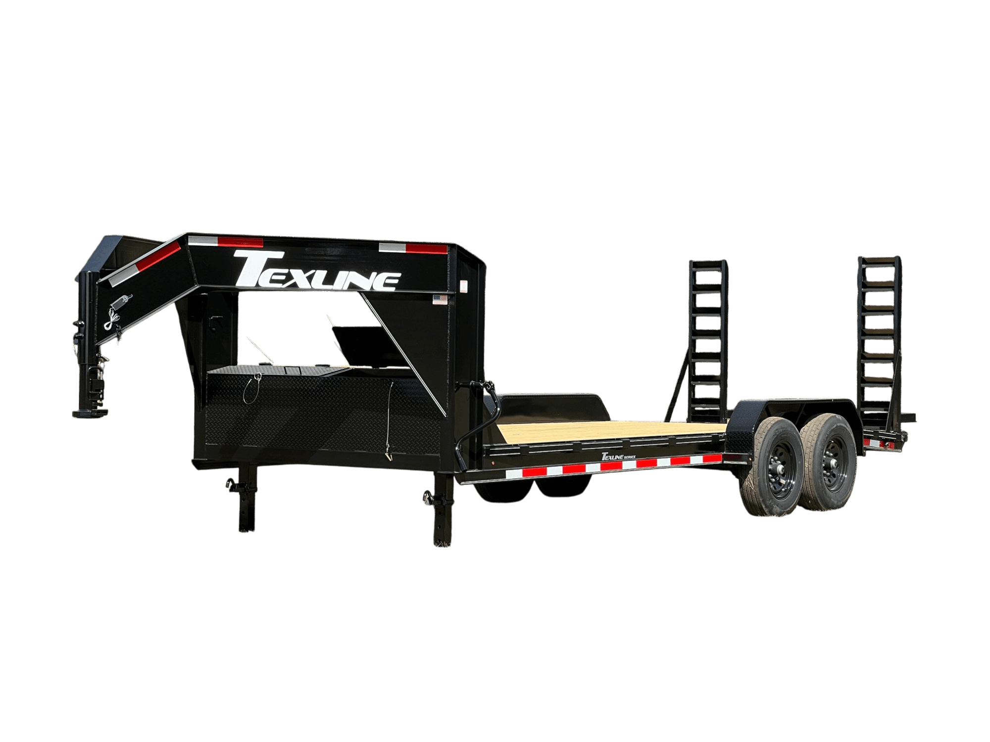 Texline Trailers | Trailer Manufacturer Discover the high-quality craftsmanship of Texline, a top-tier Trailer Manufacturer. This black gooseneck flatbed trailer, ideal for hauling your Bobcat, boasts two axles and loading ramps. Explore Trailers for Sale today!. | Trailers for Sale