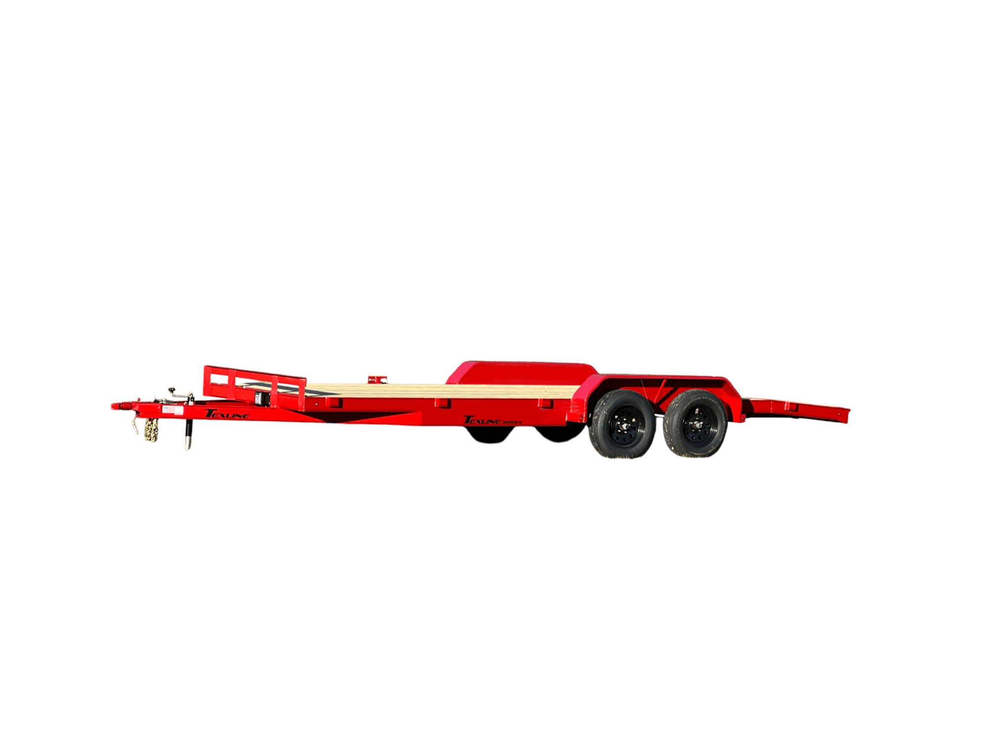 Texline Trailers | Trailer Manufacturer Explore the expertise of Texline, a leading Trailer Manufacturer, with this high-quality red flatbed car-hauler trailer. Featuring dual axles and black wheels, this sleek design is showcased against a stylish black background. Discover more Trailers for Sale today!. | Trailers for Sale