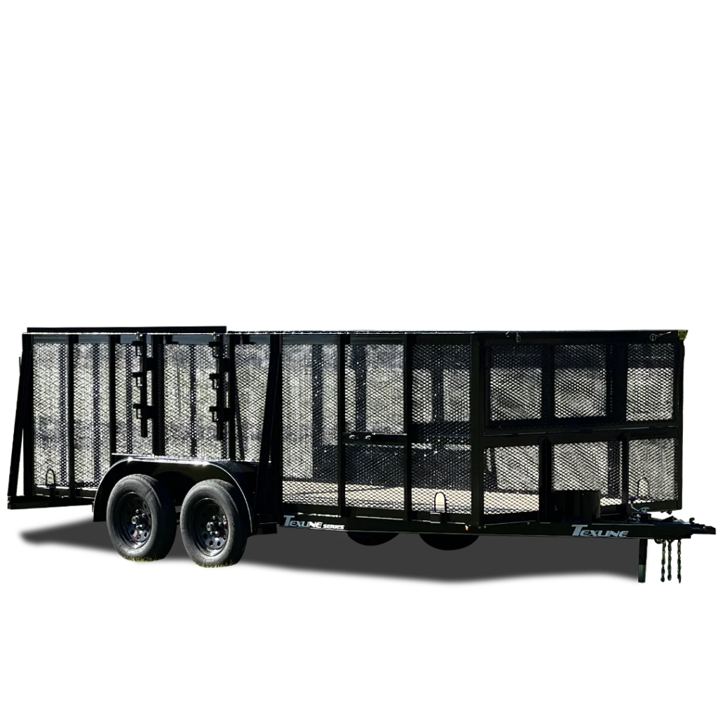 Texline Trailers | Trailer Manufacturer Discover high-quality trailers for sale from Texline, a leading trailer manufacturer. This sleek black dual-axle trailer showcases sturdy metal construction with mesh sides and an open rear, offering versatile utility. | Trailers for Sale