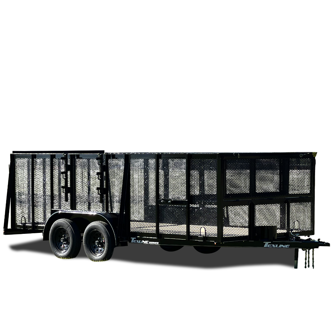 Texline Trailers | Trailer Manufacturer Discover high-quality trailers for sale from Texline, a leading trailer manufacturer. This sleek black dual-axle trailer showcases sturdy metal construction with mesh sides and an open rear, offering versatile utility. | Trailers for Sale