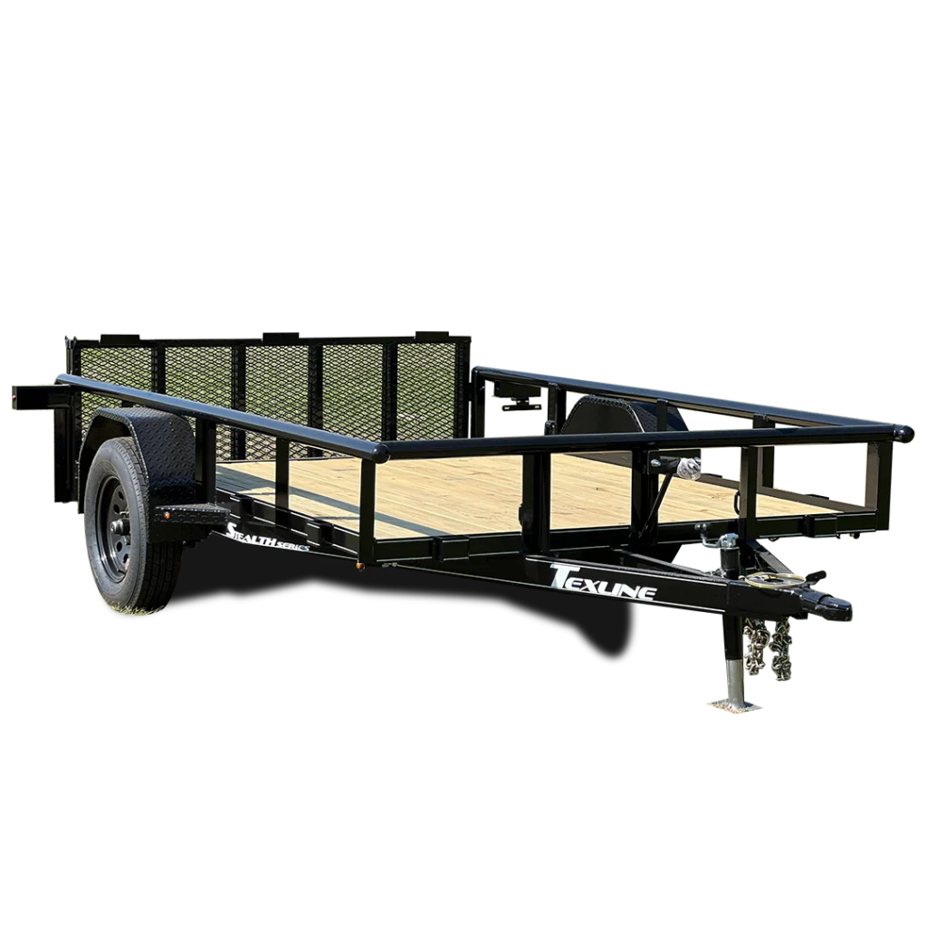 Texline Trailers | Trailer Manufacturer Explore Texline's high-quality flatbed utility trailer, a leading trailer manufacturer. This model features a sturdy black frame and wooden deck with single axle efficiency, perfect for hauling. Ideal for anyone searching for reliable trailers for sale. | Trailers for Sale